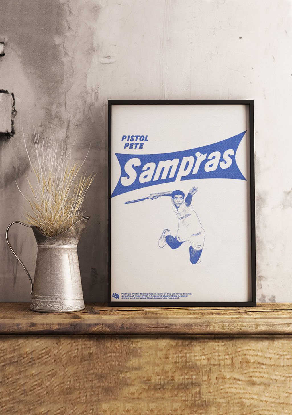 Poster bleu et blanc, homme sautant, texte "Pistols Pete Sampras"