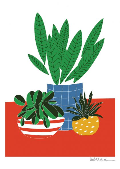 Plantes en pot stylisées, feuilles vertes, fond rouge, motif géométrique