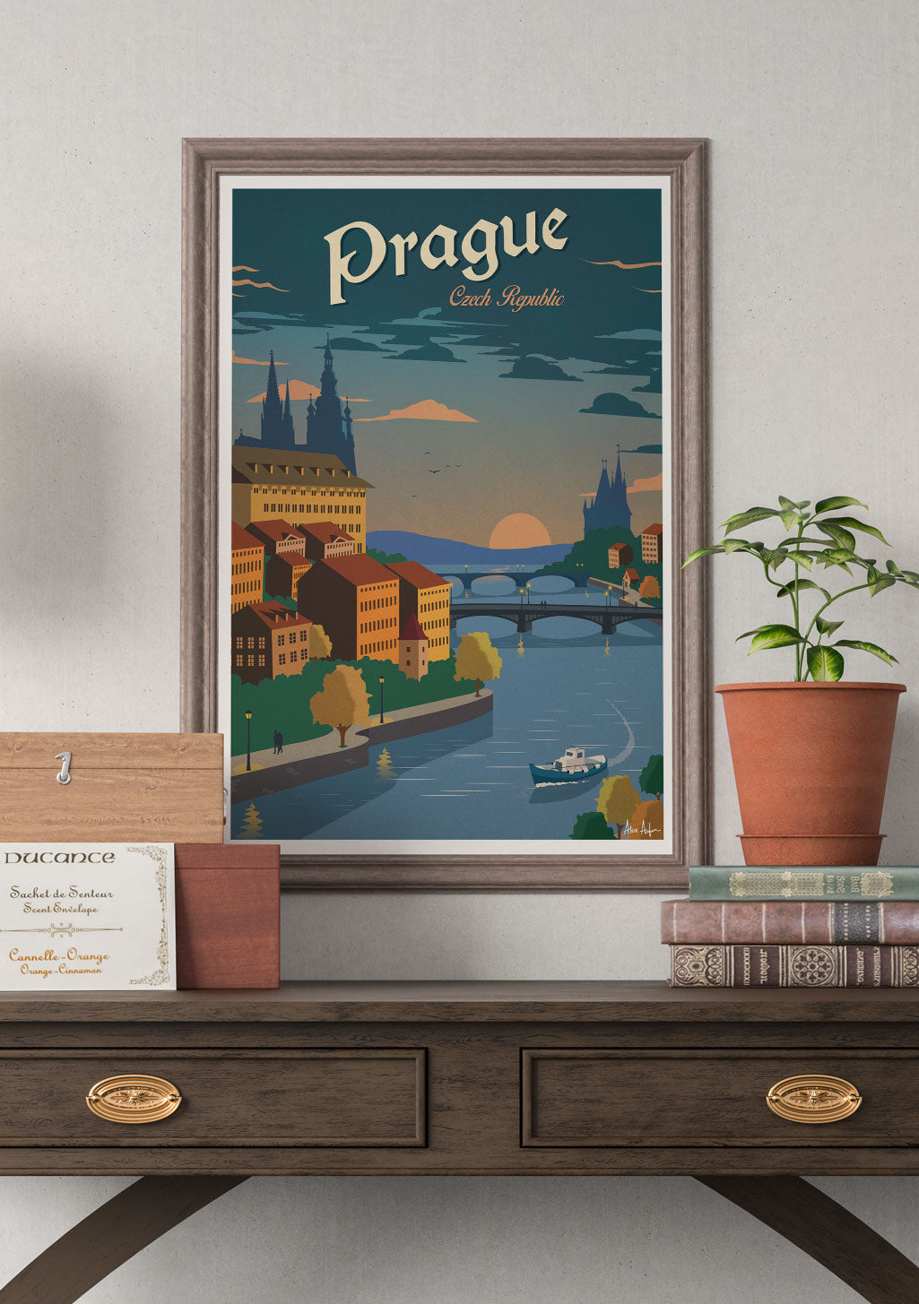 Prague, République tchèque, paysage urbain, rivière, coucher de soleil, bâtiments, pont, bateau