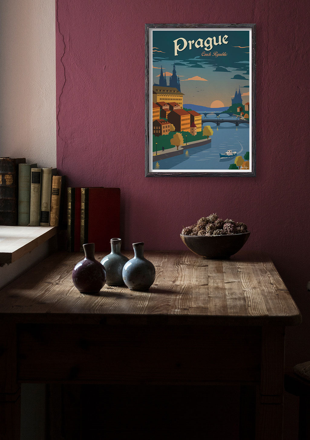 Poster Prague, République Tchèque, paysage urbain, rivière, pont, bâtiments