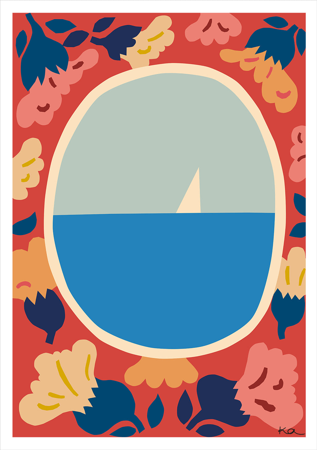 Bateau sur l'eau, cadre floral, arrière-plan rouge, style artistique