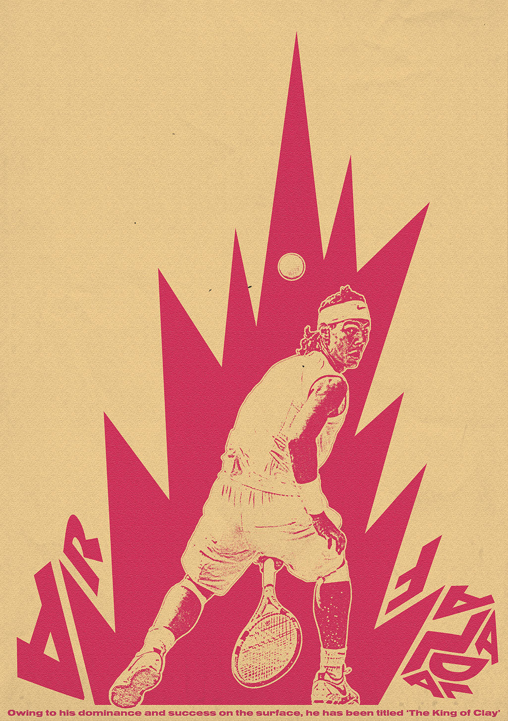 Poster de tennis, homme jouant, explosion, roi de l'argile, raquette, balles, dynamisme, sportif, rouge, beige, titre, succès