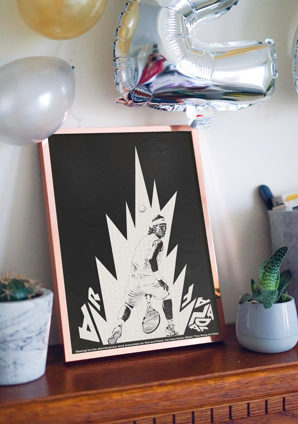 Tennis joueur dynamique, explosion, raquette, balles, puissance, style graphique