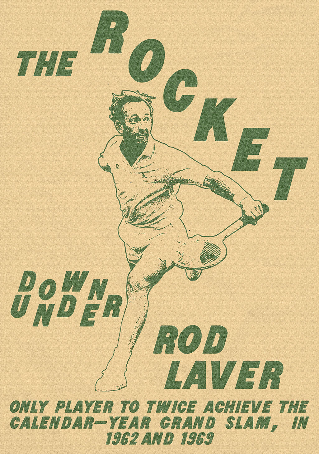 Affiche de tennis, Rod Laver, Grand Chelem, 1962 et 1969, texte vert, illustration, vintage