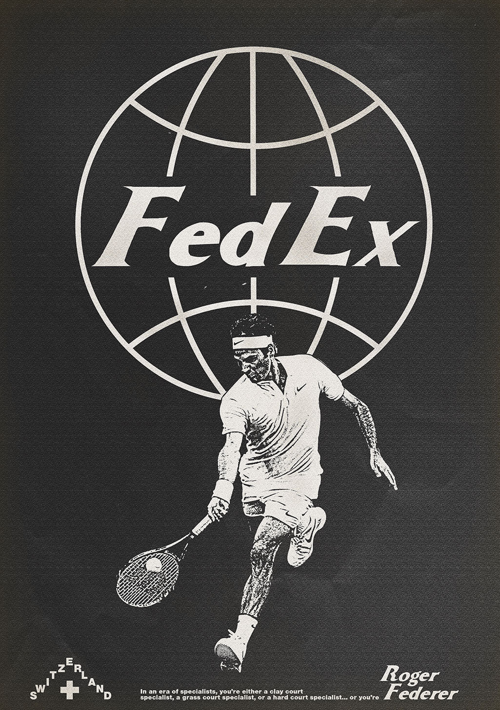 FedEx, Roger Federer, tennis, publicité, globe, noir et blanc, spécialiste, action, raquette, athlète, mondial, livraison