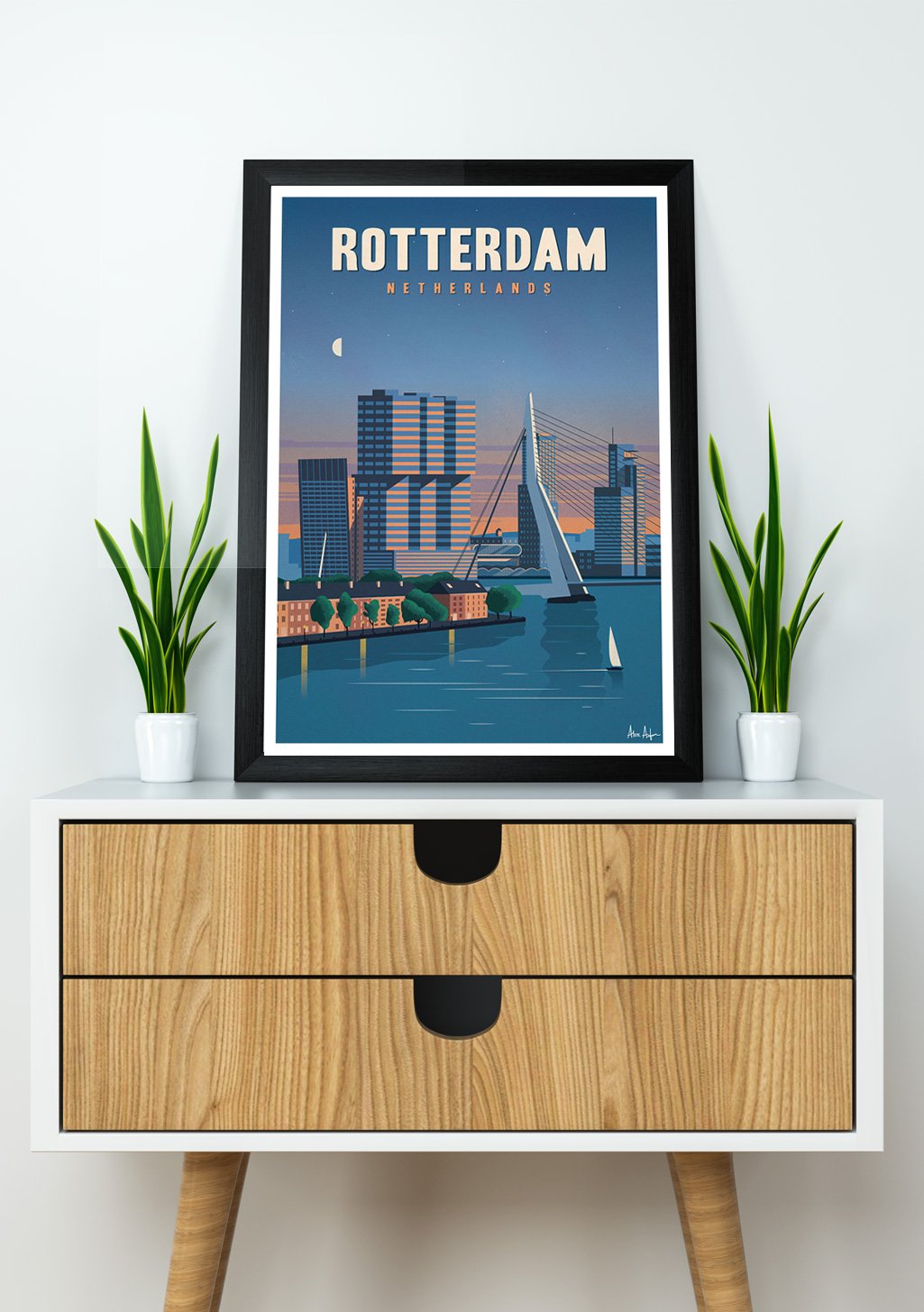 Poster de Rotterdam Pays-Bas, pont, ville, coucher de soleil, illustration stylisée