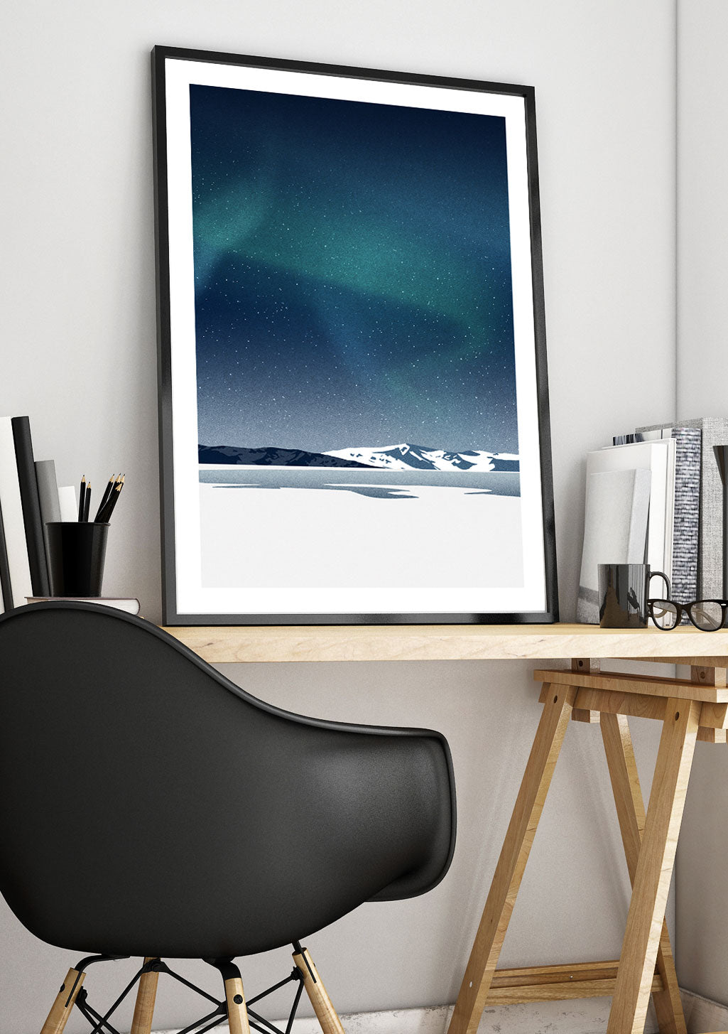 Aurore boréale, paysage enneigé, ciel étoilé