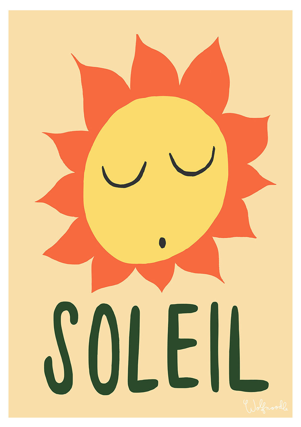 Soleil jaune avec des pétales orange, yeux fermés, texte "SOLEIL" en dessous