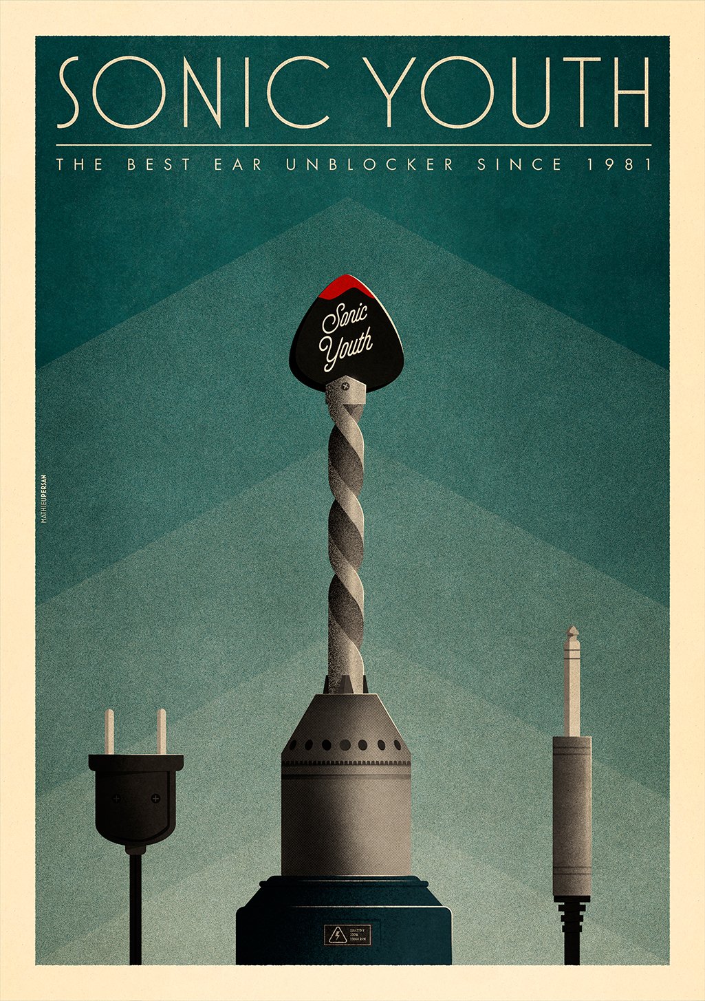 Affiche Sonic Youth, prise électrique, jack audio, ampli, sourdine, vert, texte blanc