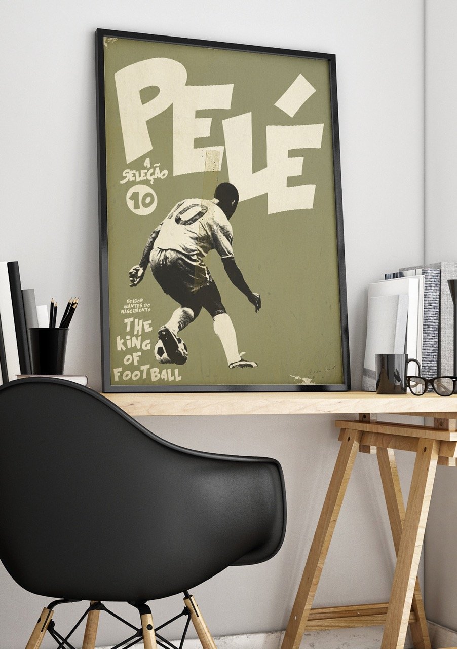 Poster de football, Roi du football, Pelé, Sélection, Numéro 10, Vintage, Vert, Blanc, Noir, Image de joueur, Bureau, Chaise