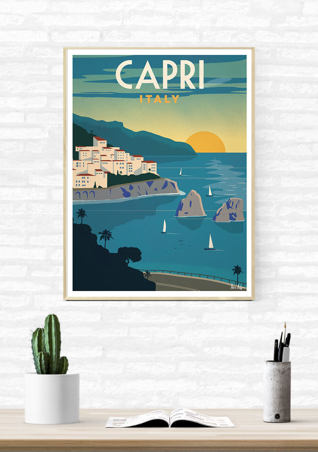Poster de Capri Italie, paysage côtier, coucher de soleil, bâtiments, bateaux, mer, coucher de soleil