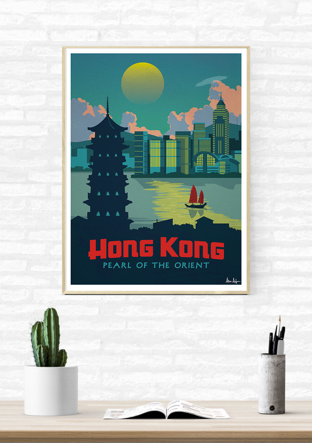Hong Kong, pagode, ville, bateau, coucher de soleil, skyline, orient, poster, cadre, mur, plante, livre