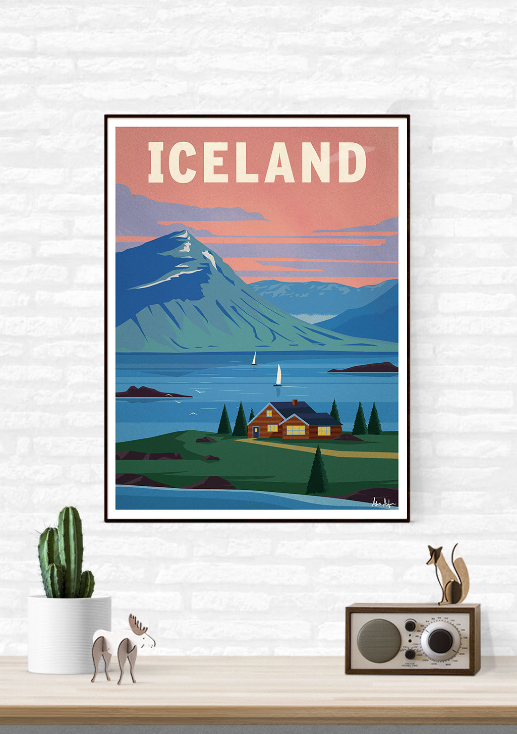 Poster d'Iceland, montagne, maison, bateau, coucher de soleil, nature