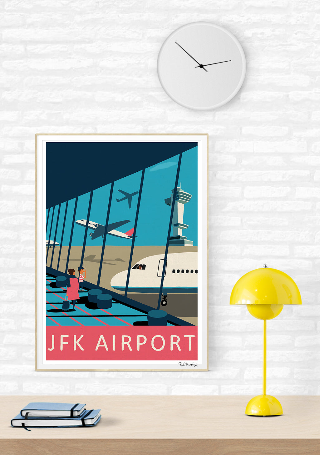 Aéroport JFK, avion, terminal, femme, bagages, rose, bleu, vert, design moderne, cadre, mur, bureau