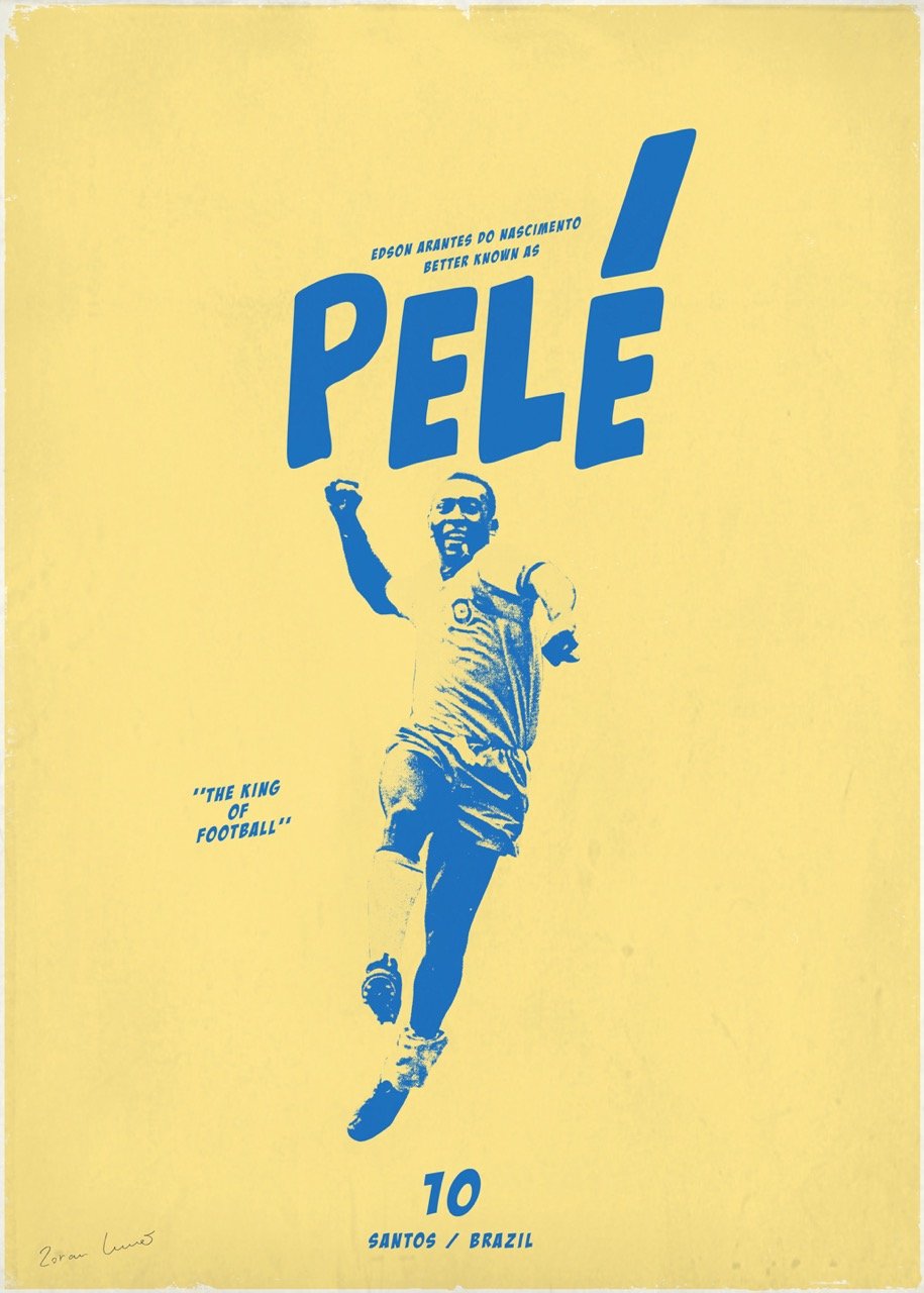 Pelé, roi du football, Brésil, Santos, poster, jaune, bleu, victoire, numéro 10, célèbre, football, sport