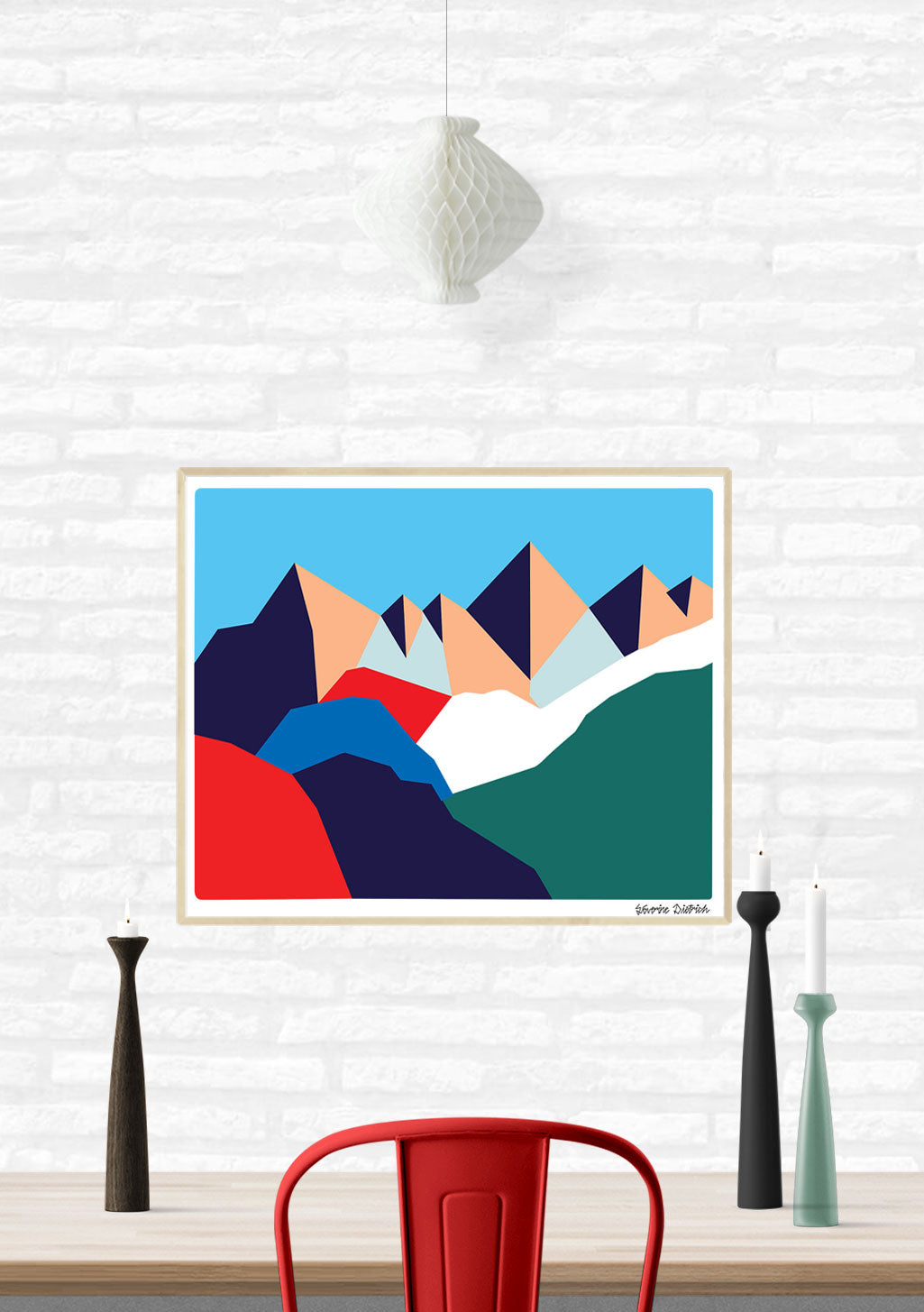 Art abstrait montagneux, couleurs vives, style géométrique