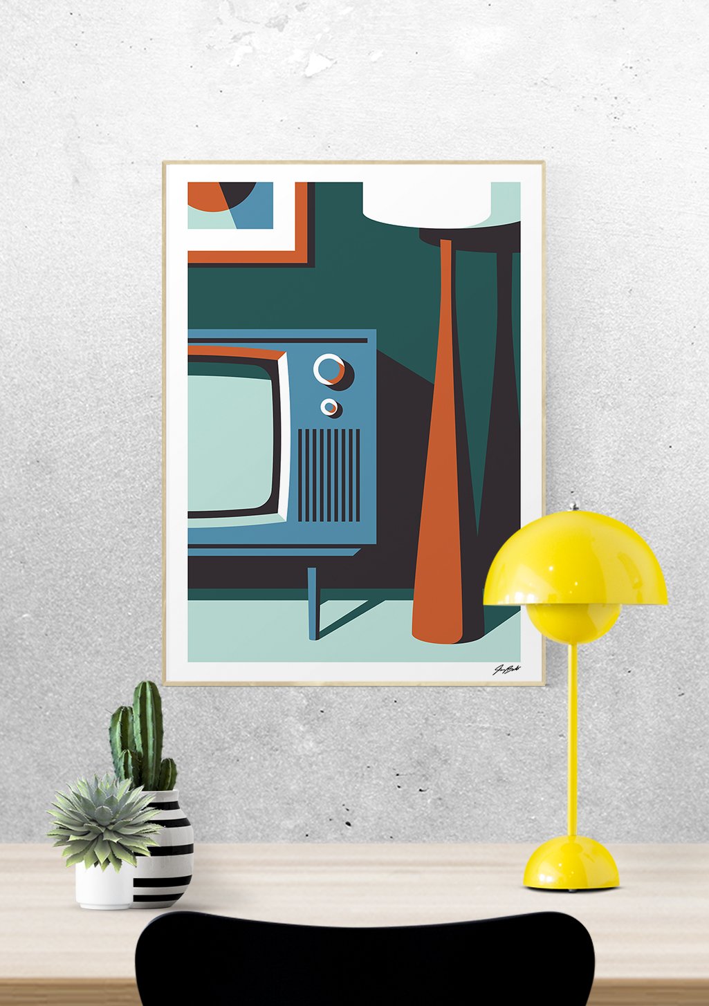 Art abstrait, formes géométriques, couleurs vives, télévision rétro