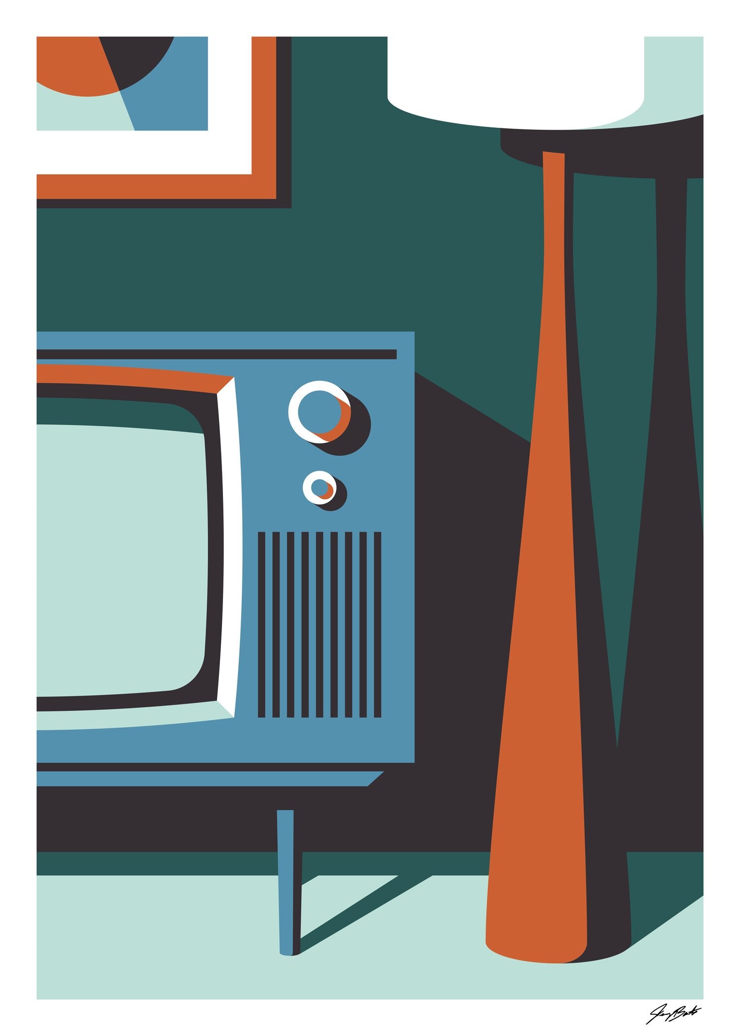 Télévision rétro, formes géométriques, couleurs vives, design minimaliste