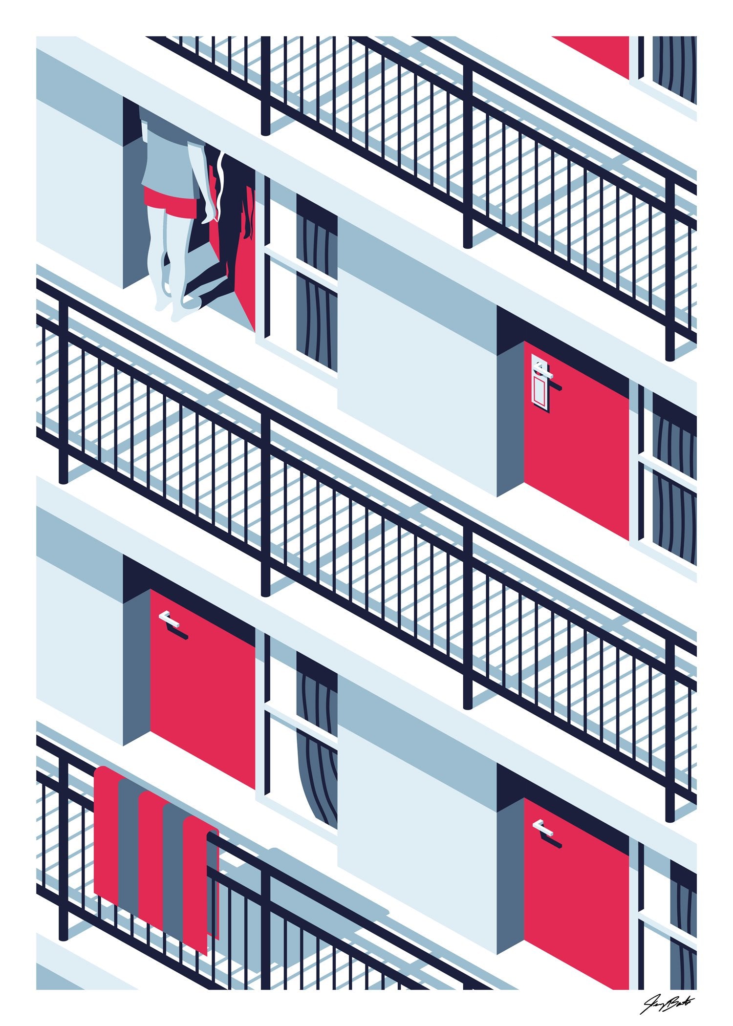 Illustration de bâtiment avec balcons et portes rouges