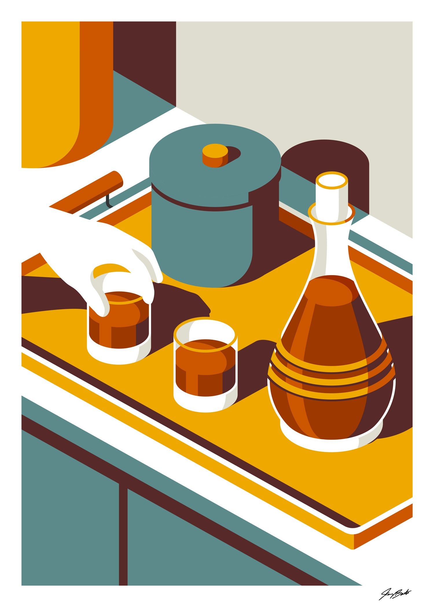 Illustration stylisée d'une main versant du whisky dans des verres
