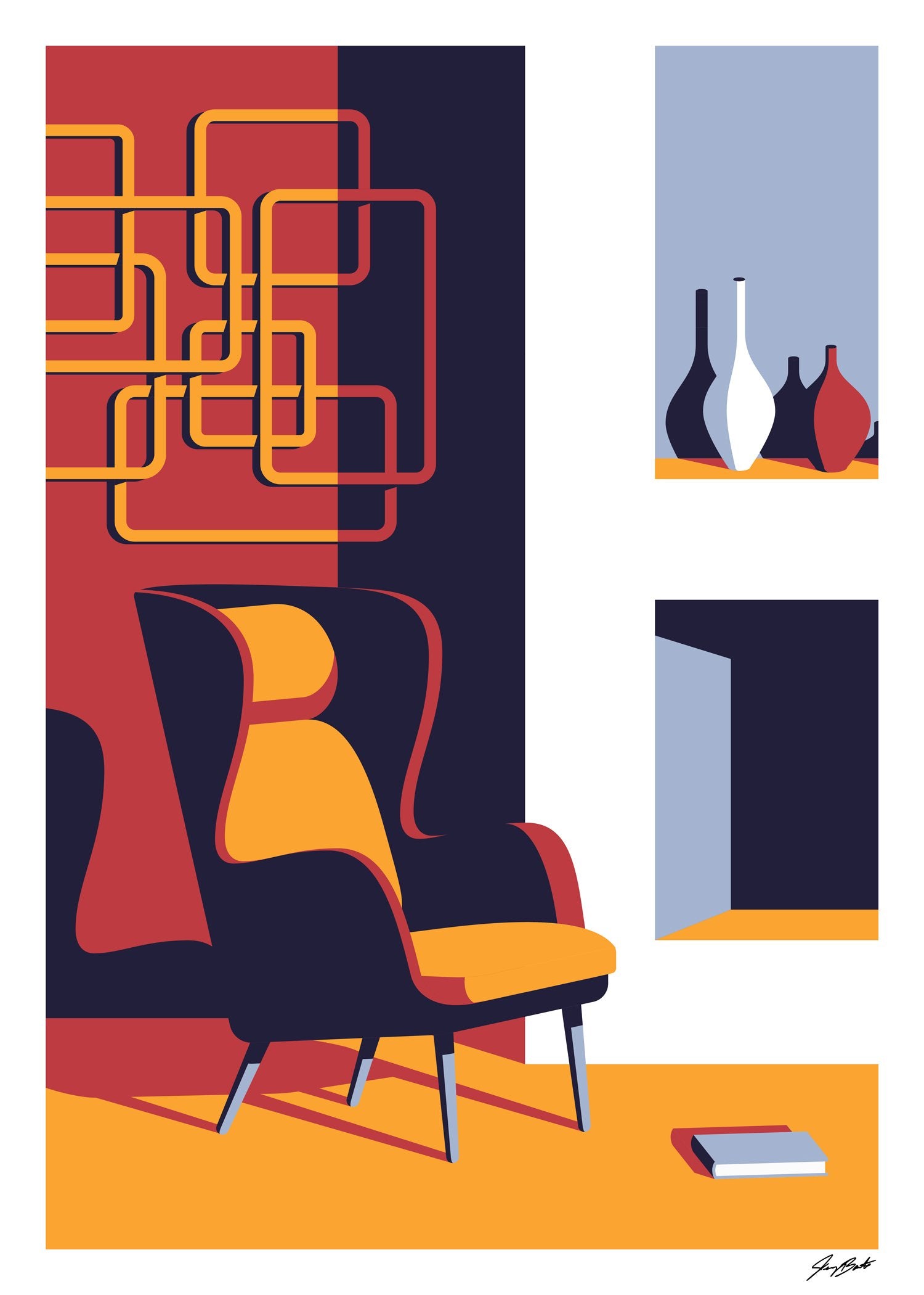 Chair, livres, vases, murs colorés, design moderne, pièce de vie, art minimaliste