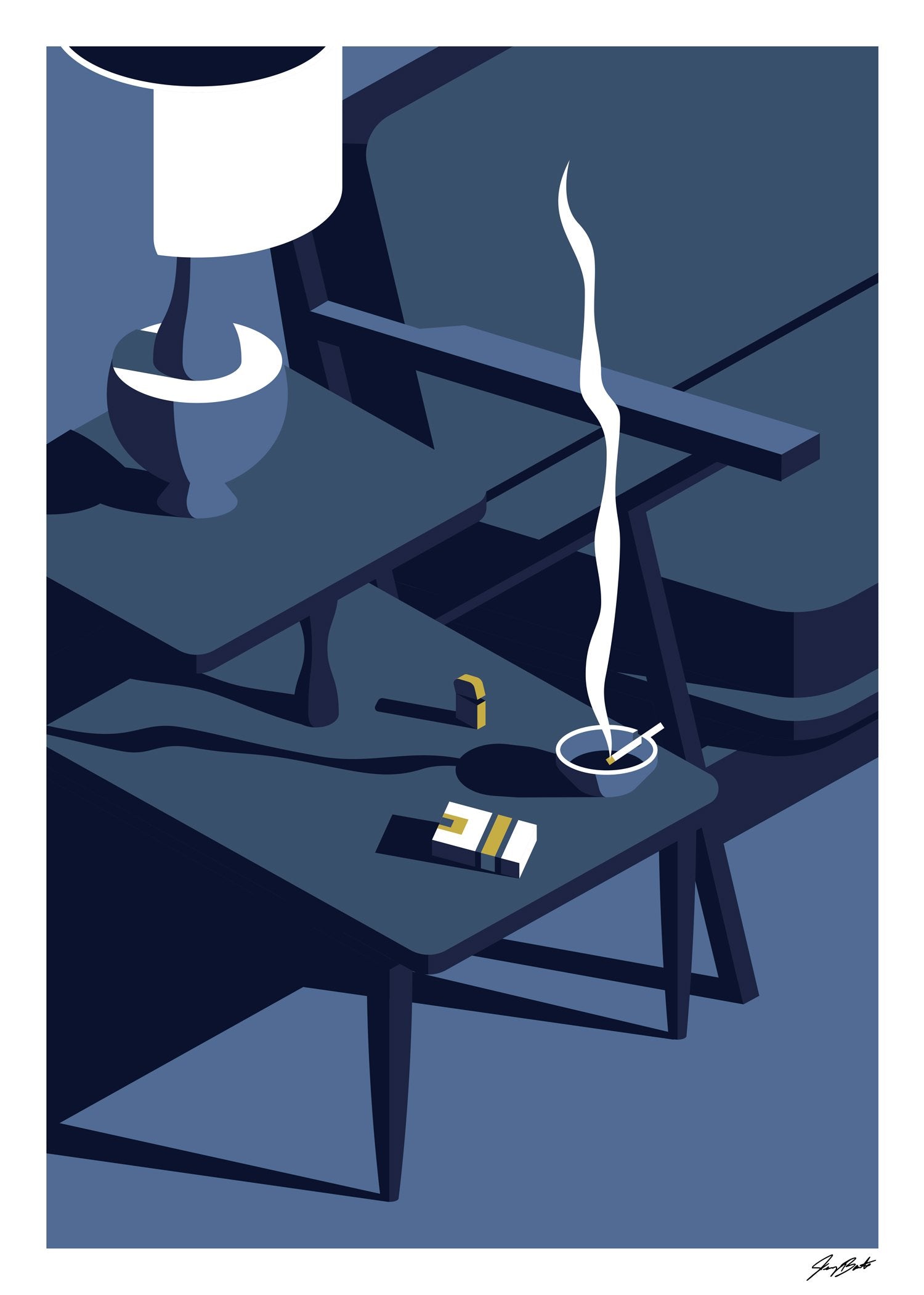 Table, lampe, cendrier, cigarettes, fumée, moderne, minimaliste, bleu, noir, blanc, design, art