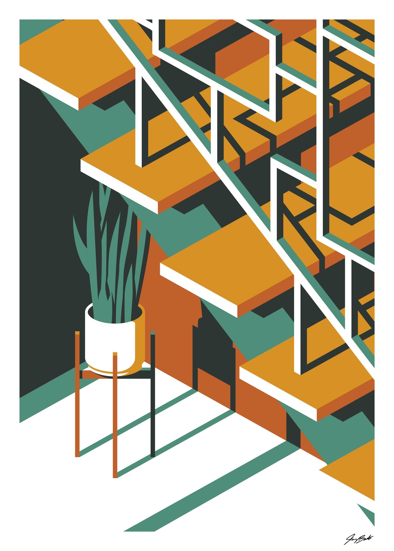 Art abstrait, escalier, plante, couleurs chaudes, lignes géométriques
