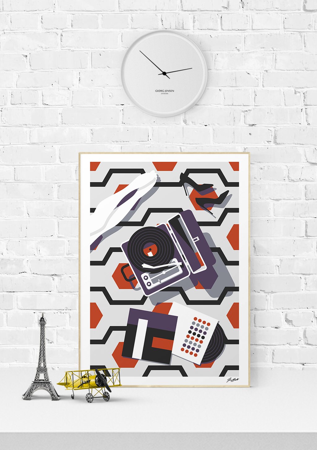 Poster abstrait avec caméra, disque, téléphone, formes géométriques