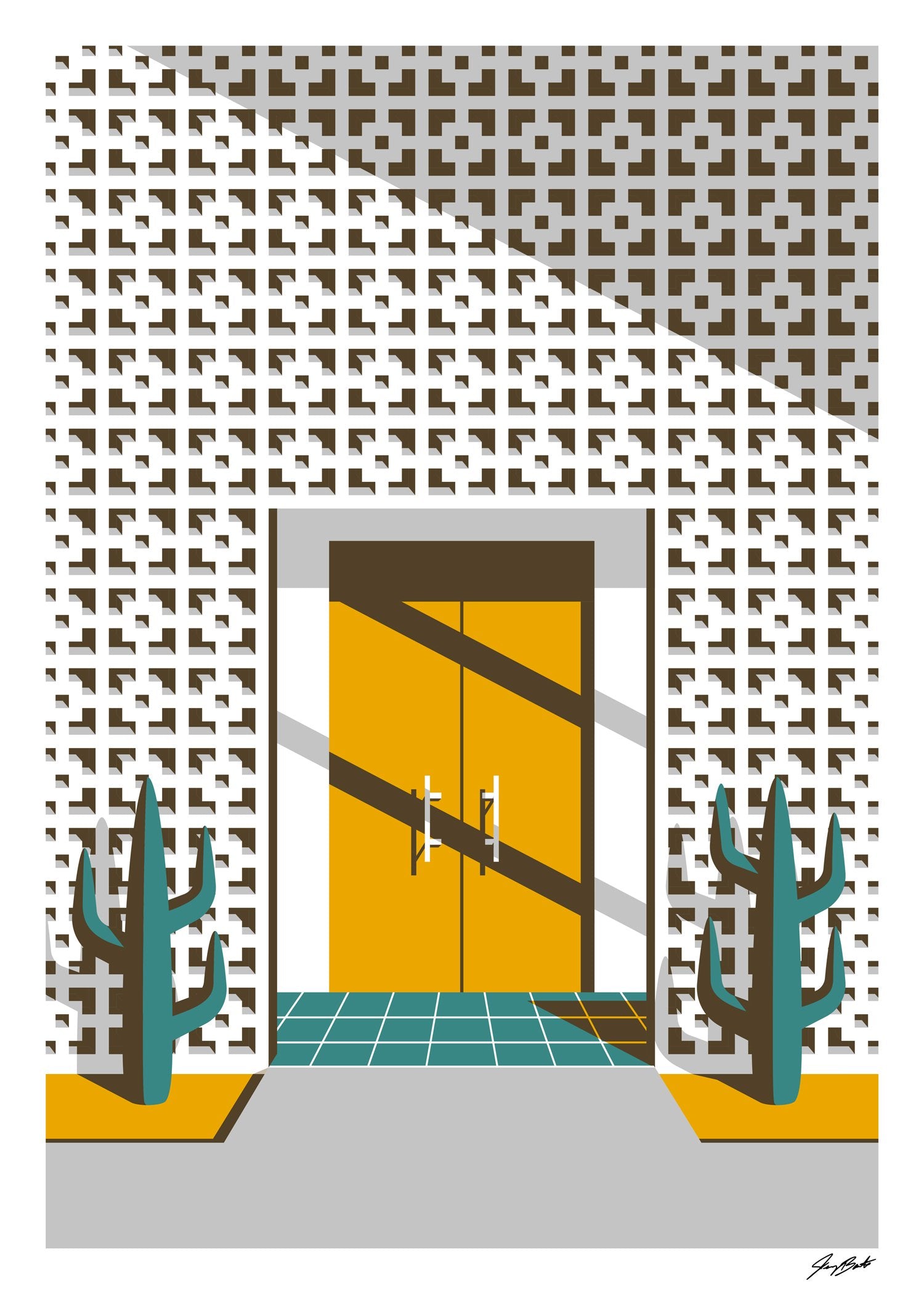Maison jaune avec cactus, murs à motifs géométriques