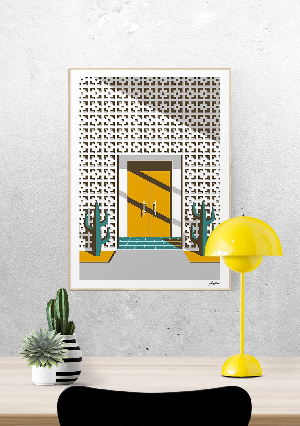 Poster jaune et noir avec cactus et motif géométrique
