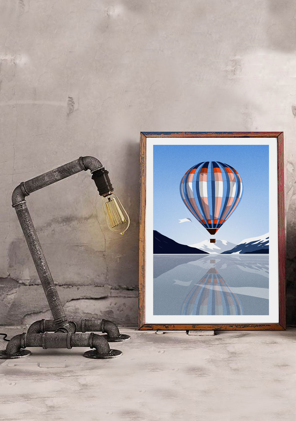 Montgolfière, montagne, ciel bleu, reflet, nature, art, cadre en bois