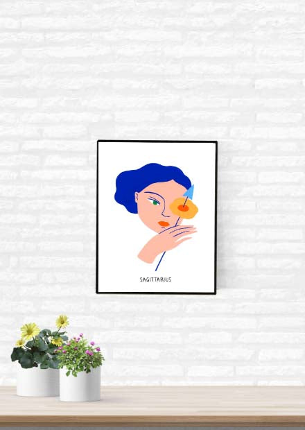 Poster de femme bleue cheveux tenant orange
