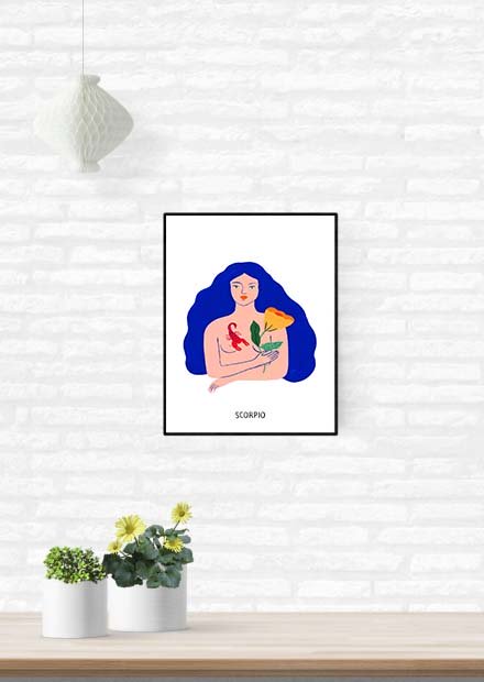 Femme bleue, Scorpion, Fleurs, Art astrologique, Cadre noir