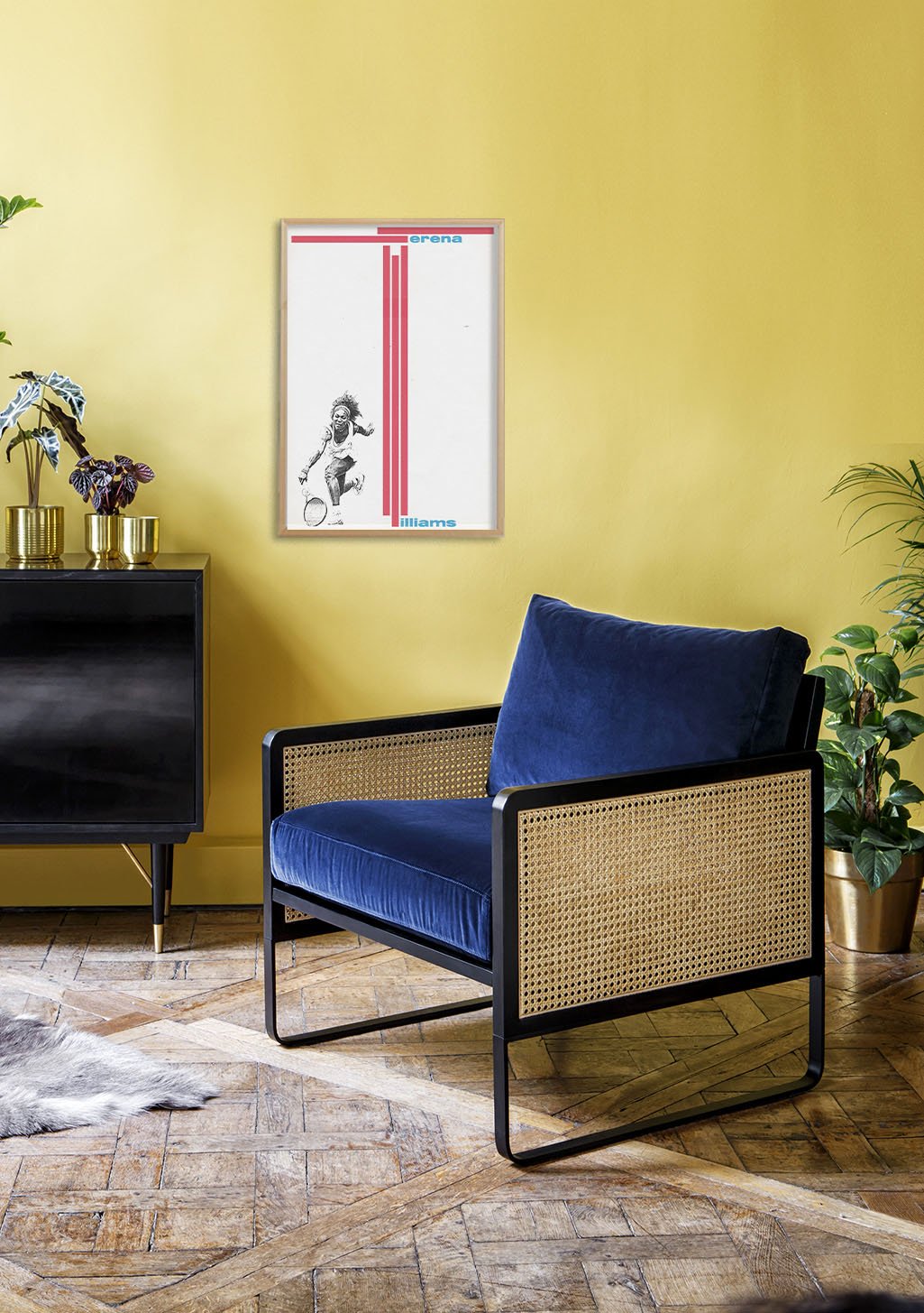 Poster de tennis, joueur, raquette, lignes rouges, nom "Serena"