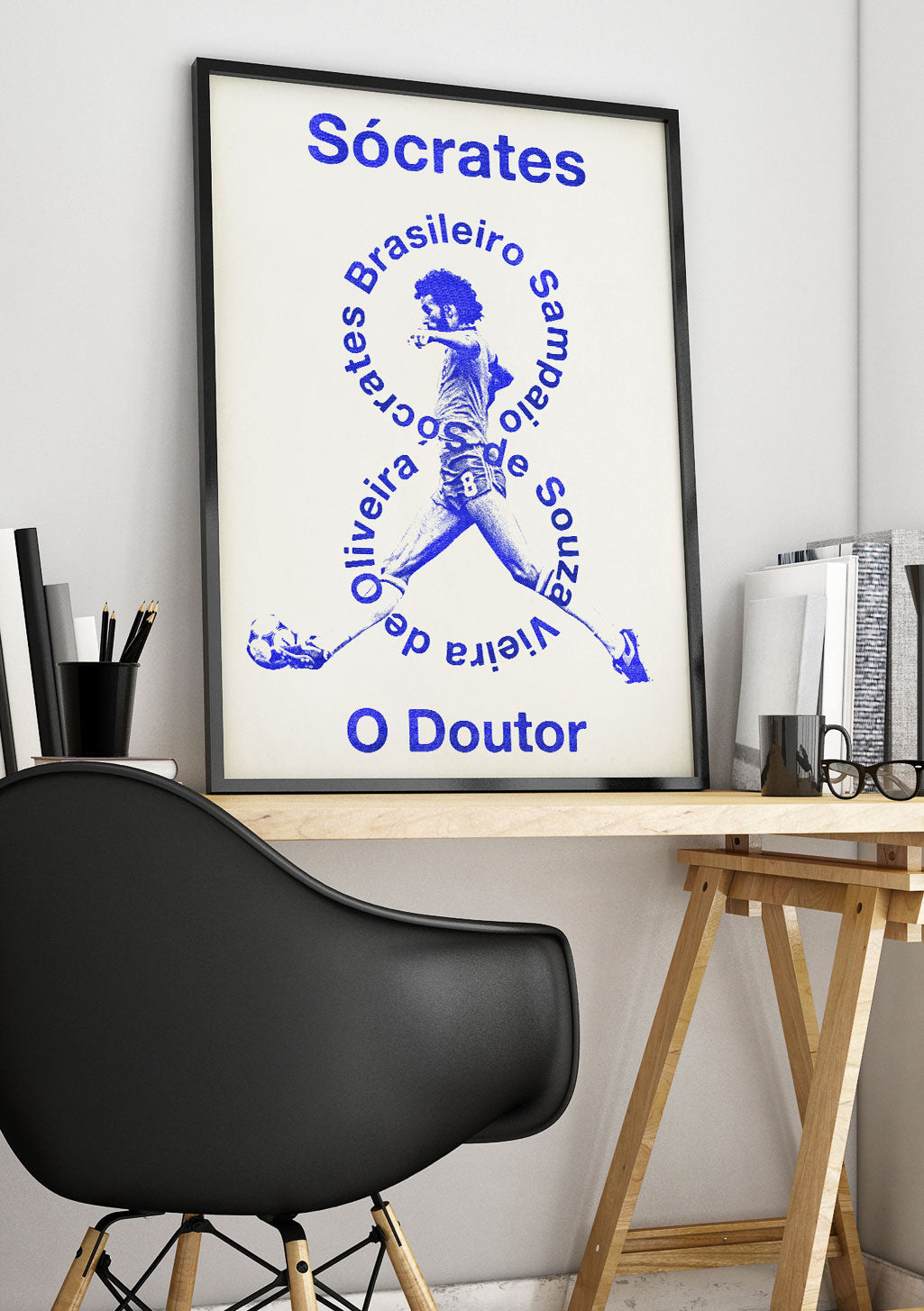 Poster bleu et blanc avec une personne dansante, texte en portugais