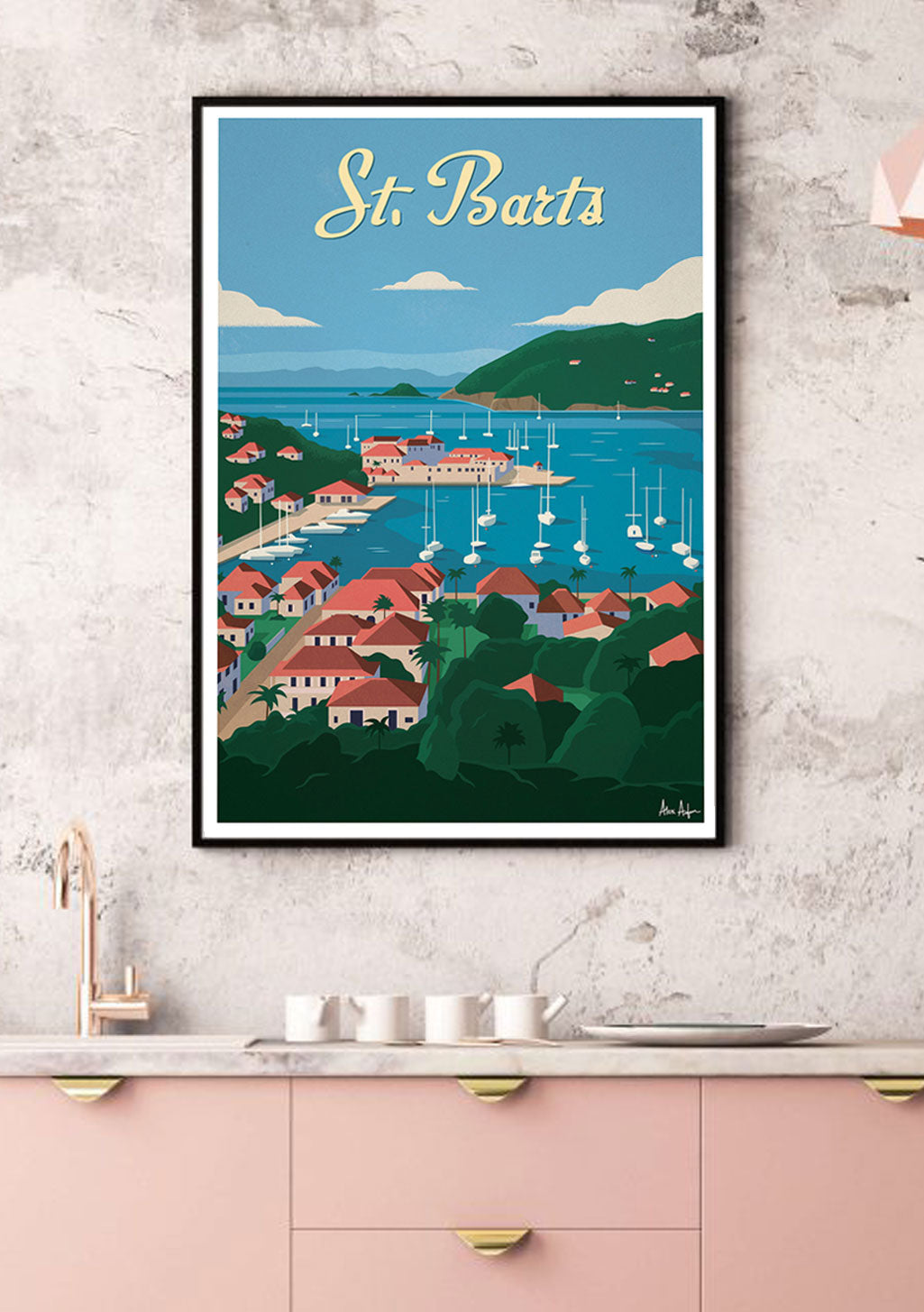 Poster de Saint-Barthélemy, maisons, bateaux, mer, ciel bleu, paysage tropical