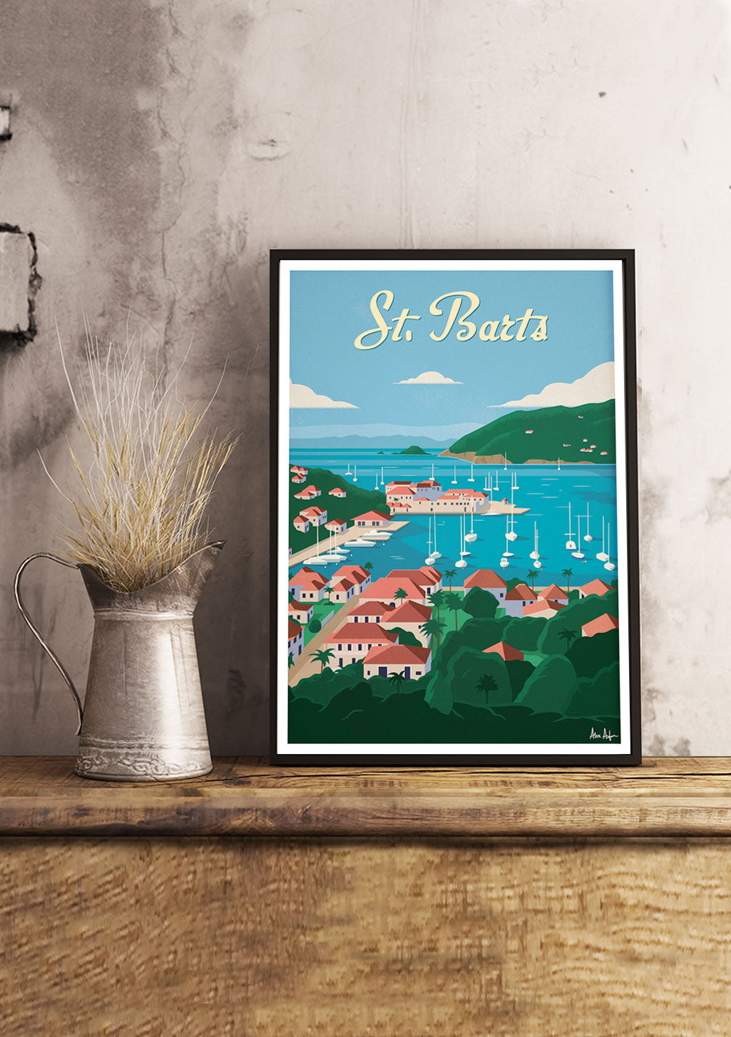 Poster de Saint-Barthélemy, paysage tropical, maisons colorées, bateaux, mer bleue