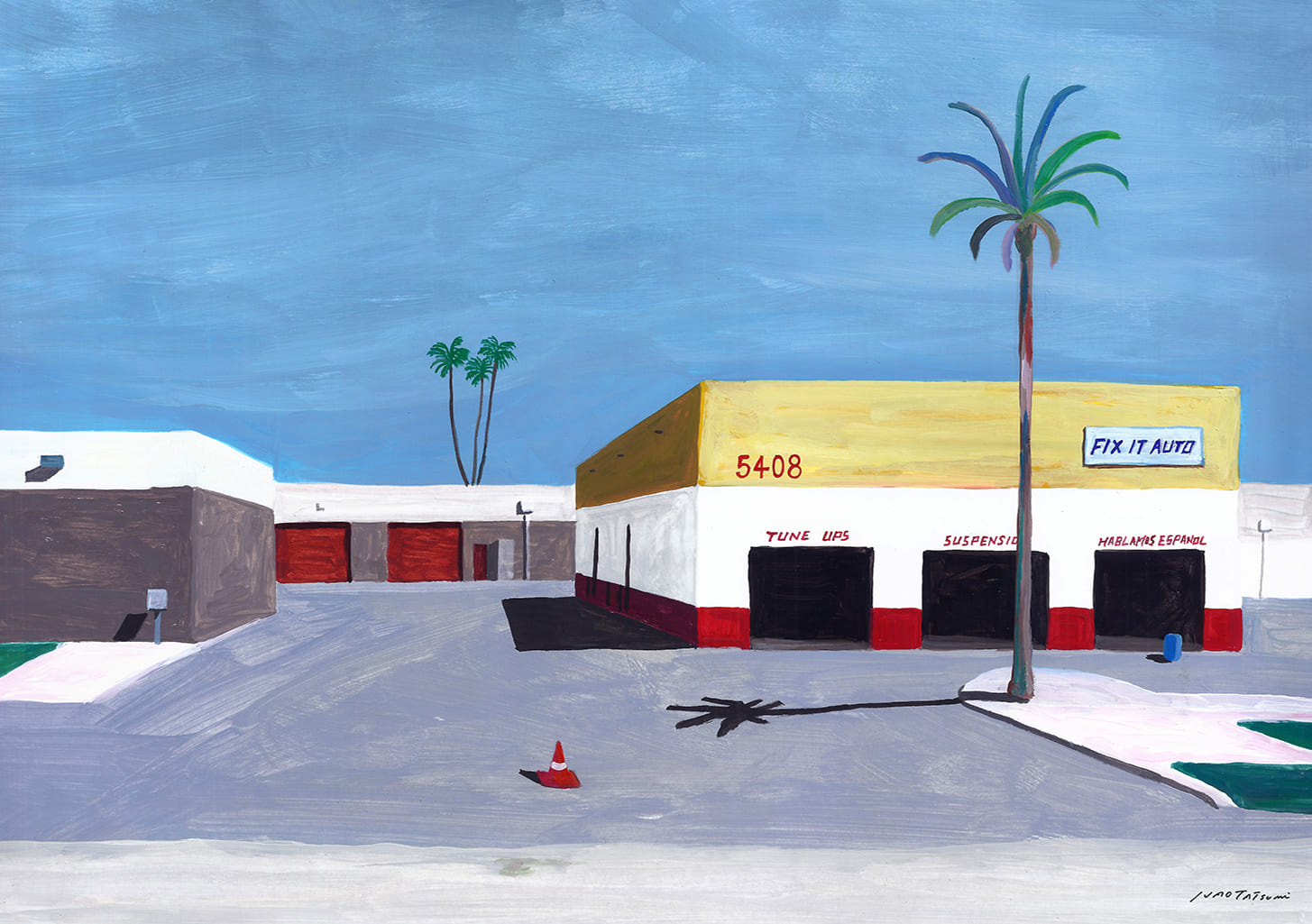 Garage automobile, palmier, ciel bleu, bâtiment blanc, panneau de réparation