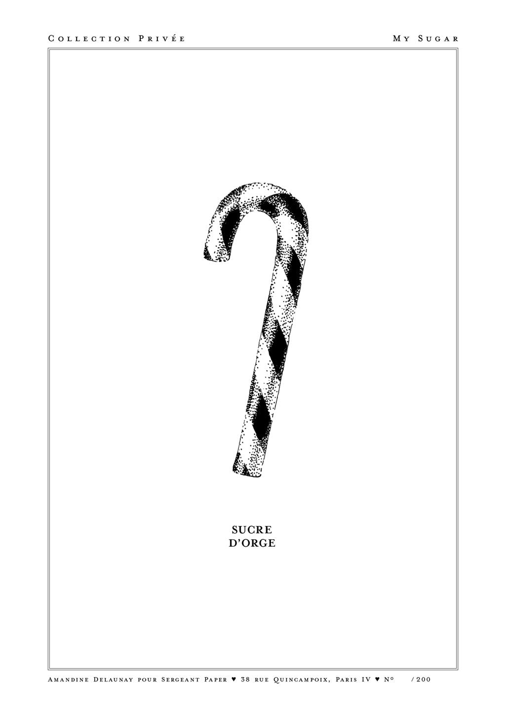 Poster en noir et blanc avec une canne à sucre stylisée, texte "SUCRE D'ORGE"