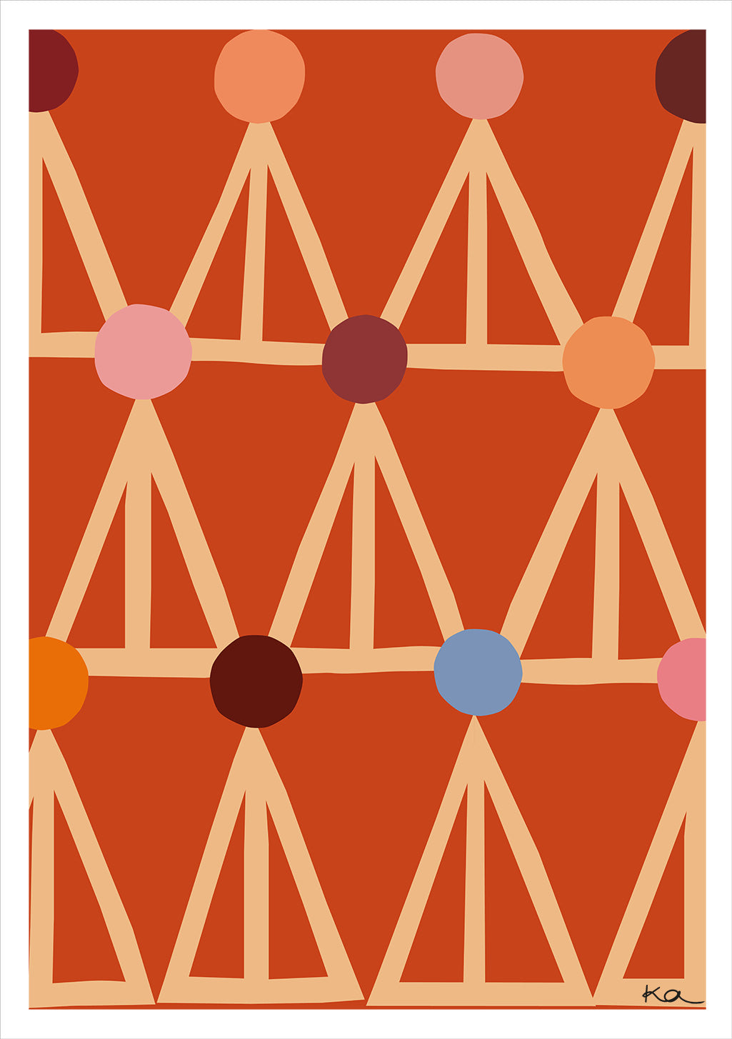 Art abstrait, formes géométriques, cercles, triangles, orange, couleurs vives, motifs répétitifs