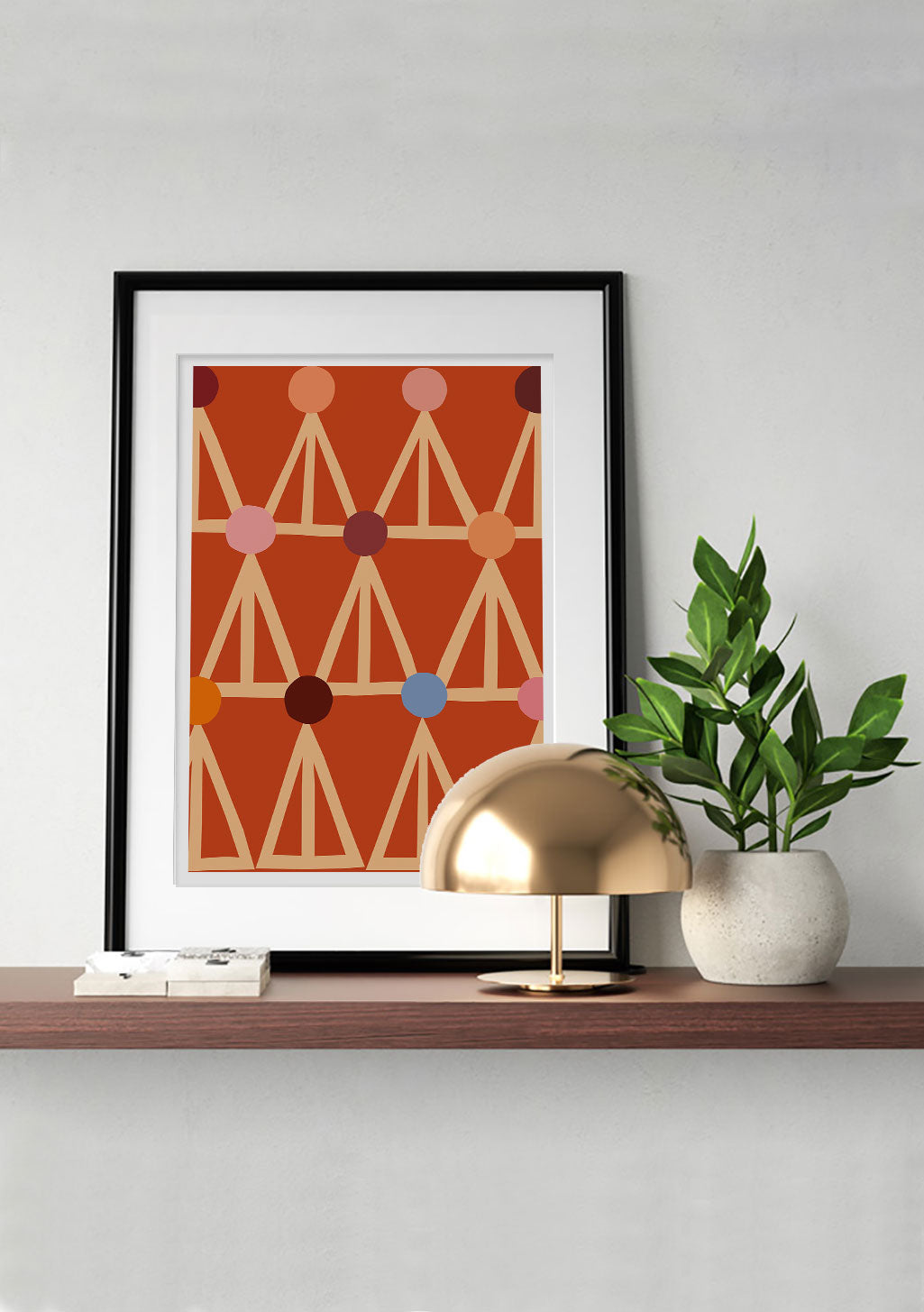 Art abstrait, motifs géométriques, triangles, cercles, couleurs chaudes