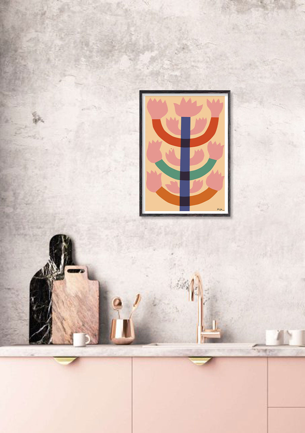 Poster floral abstrait avec des teintes roses et orange