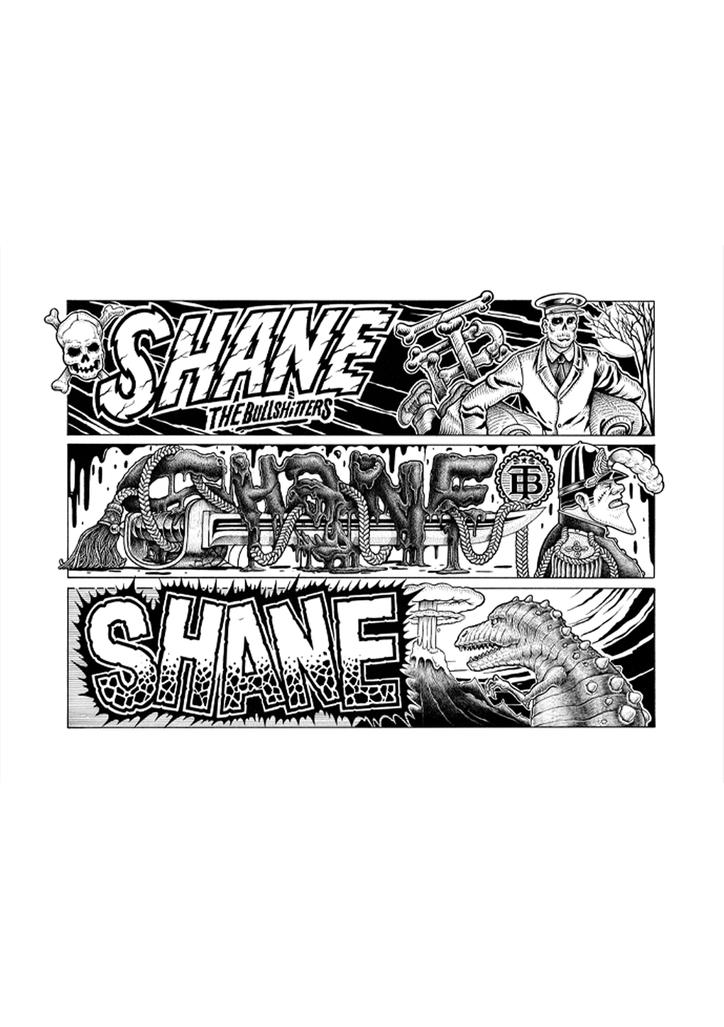 Illustration en noir et blanc ; Têtes de mort, tatouages, pirates, requins