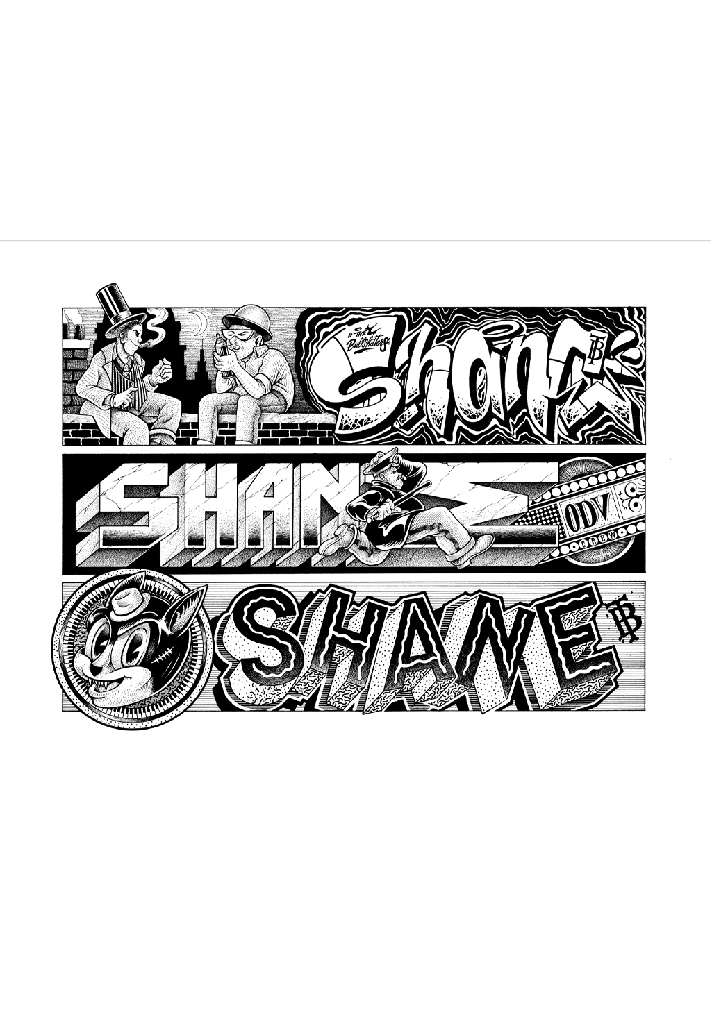 Art en noir et blanc ; Graffiti ; Personnages stylisés ; Lettres stylisées ; Skateboard ; Casquette ; Brique ; Mur