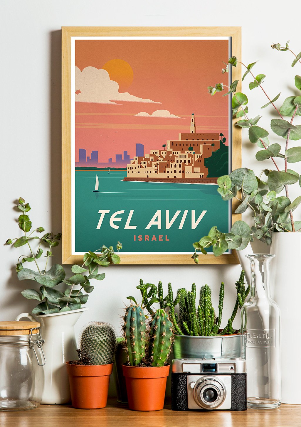 Poster de Tel Aviv, Israël, ville côtière, coucher de soleil, bâtiments, bateau, vintage