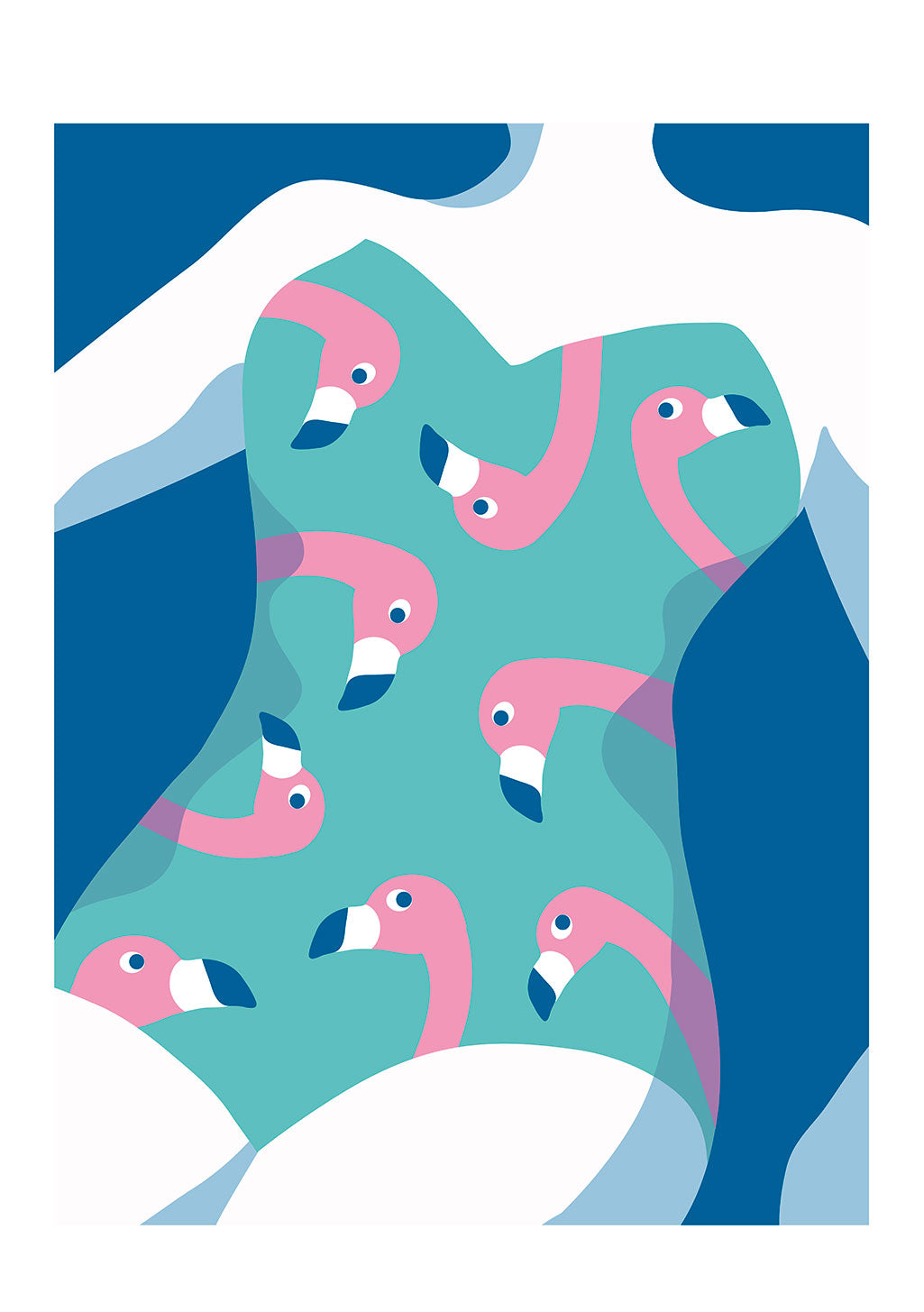 Illustration abstraite de flamants roses sur fond bleu et vert