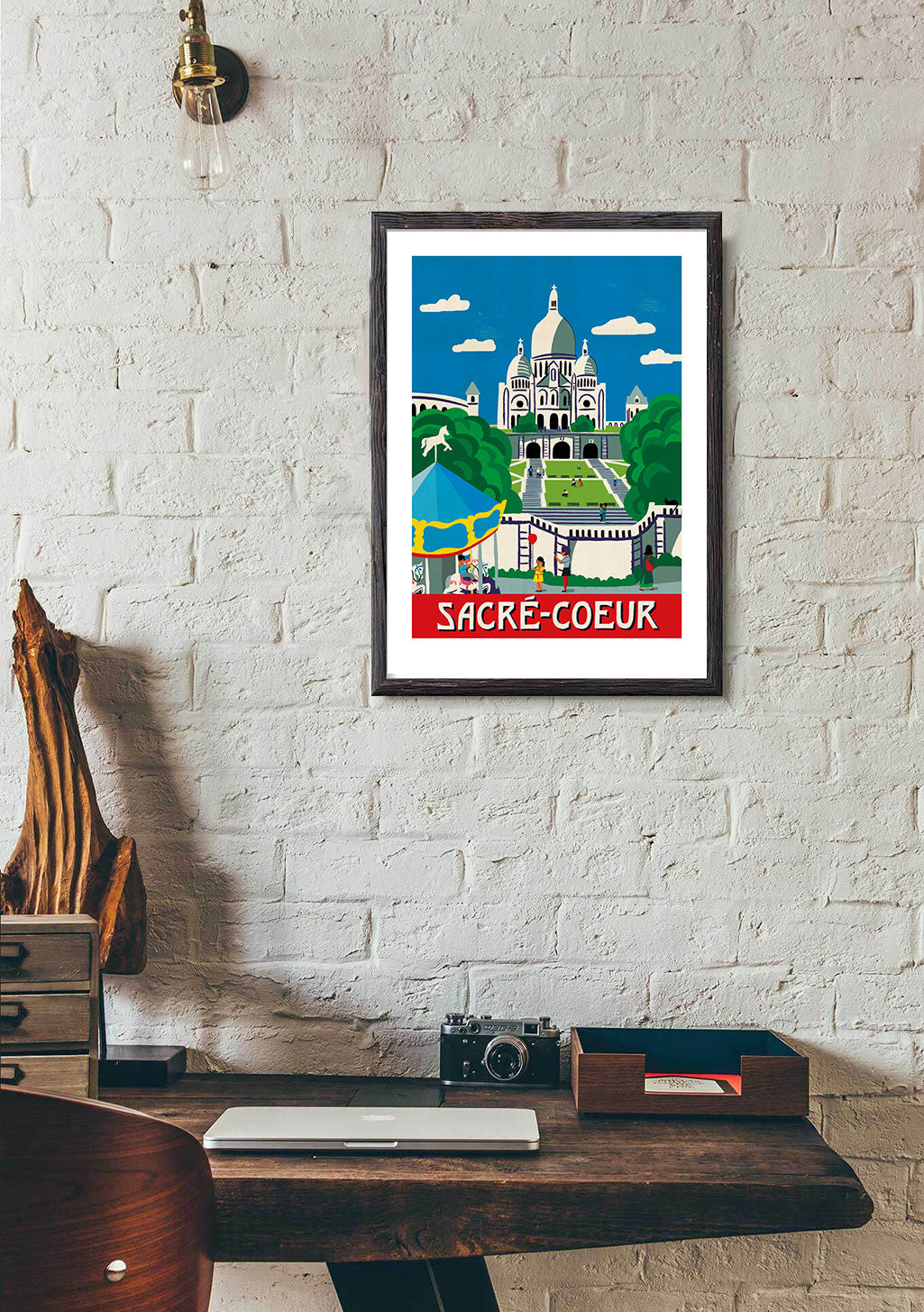 Poster de Sacré-Cœur, Paris, illustration colorée, bâtiment, ciel bleu, texte rouge