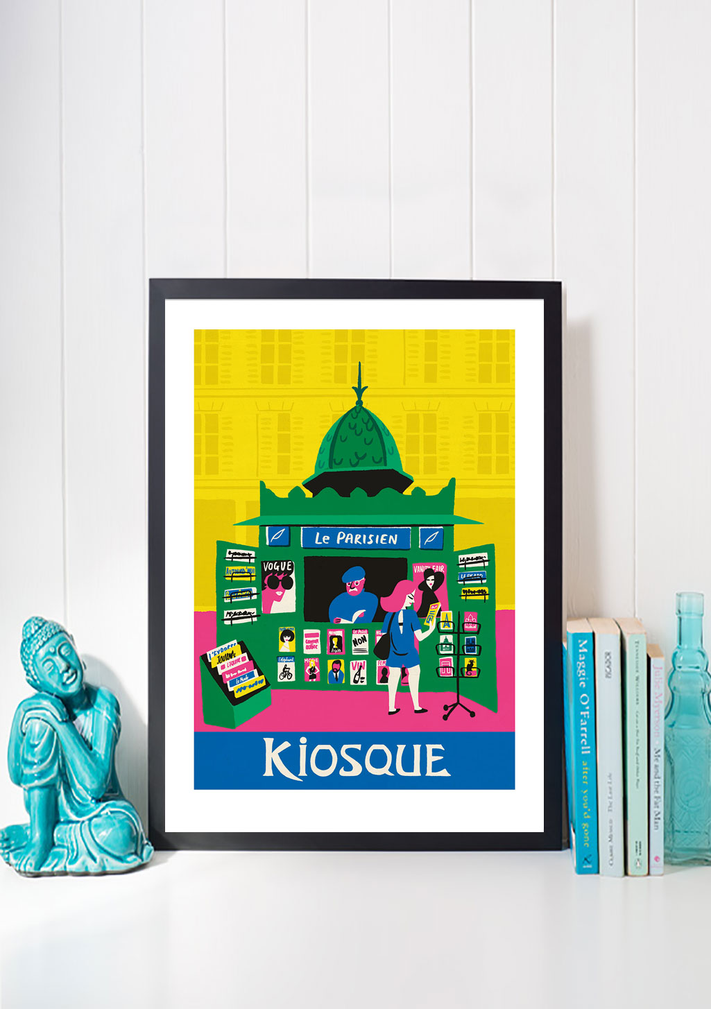 Poster de kiosque parisien coloré avec des gens et des magazines