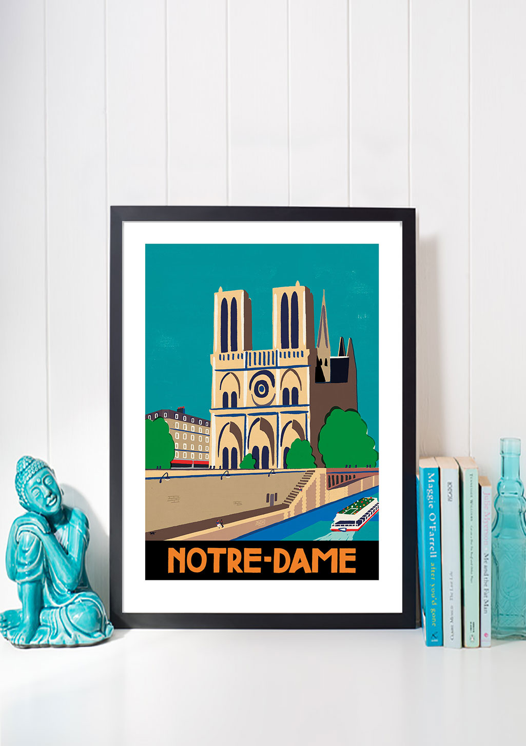 Notre-Dame de Paris, cathédrale, Seine, bateau, Paris, France, illustration, couleurs vives, cadre noir