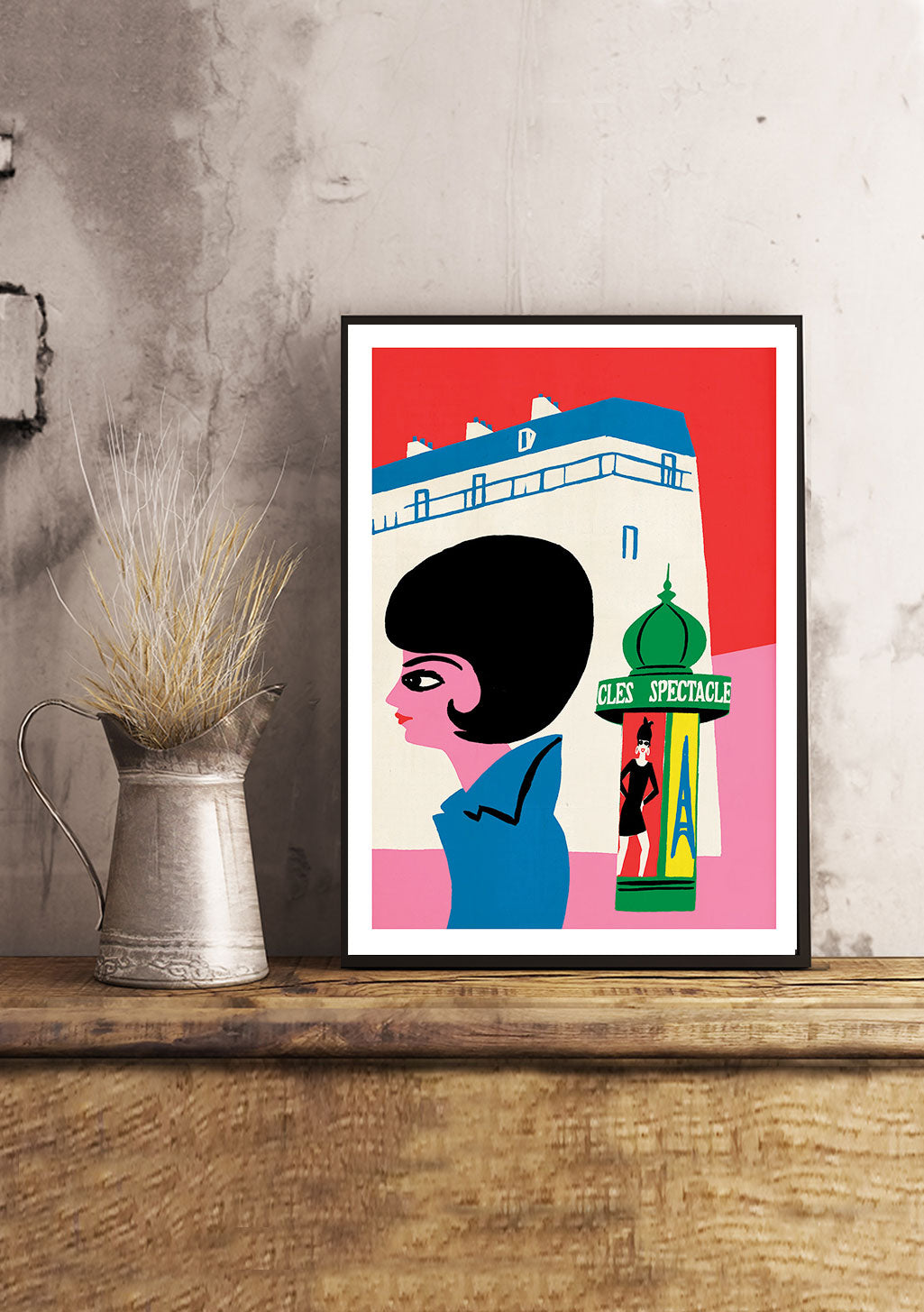 Femme, bâtiment, couleurs vives, texte, illustration stylisée